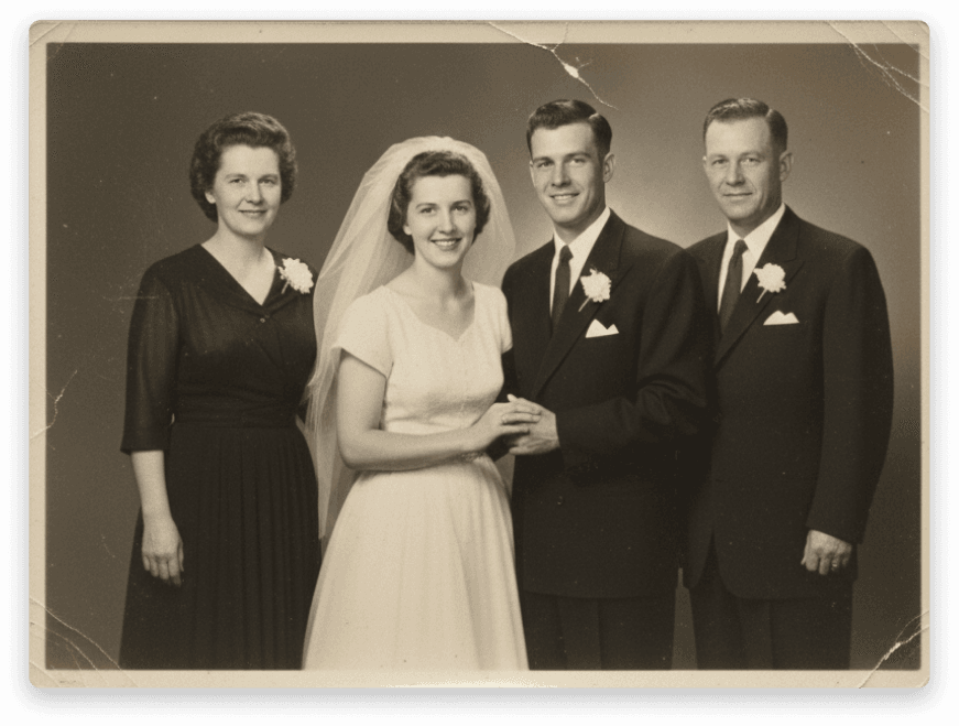 A family wedding portrait from decades past